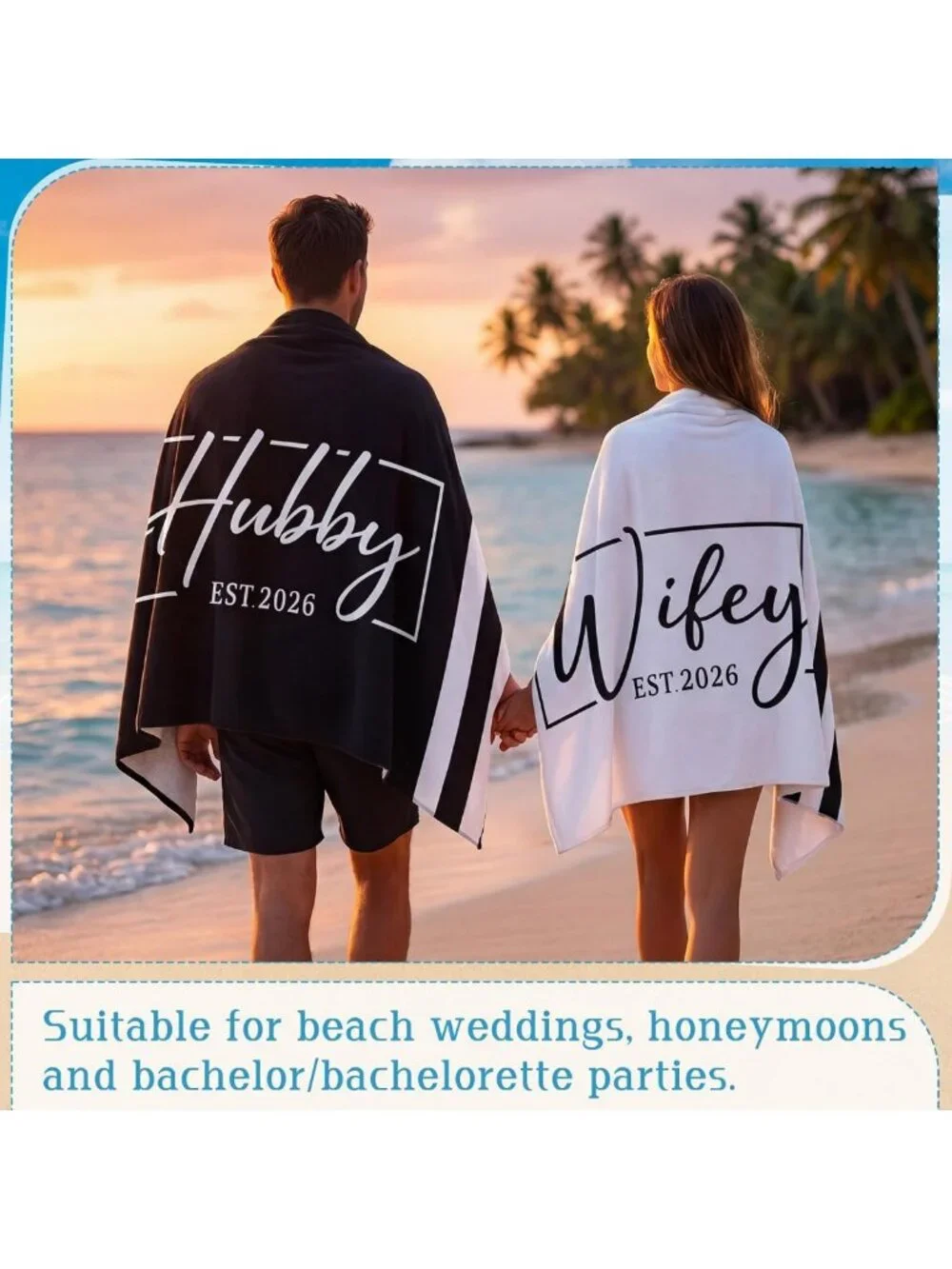 Set of 2 Wifey Hubby Beach Towels - Classic Mr & Mrs Design for Summer Fun